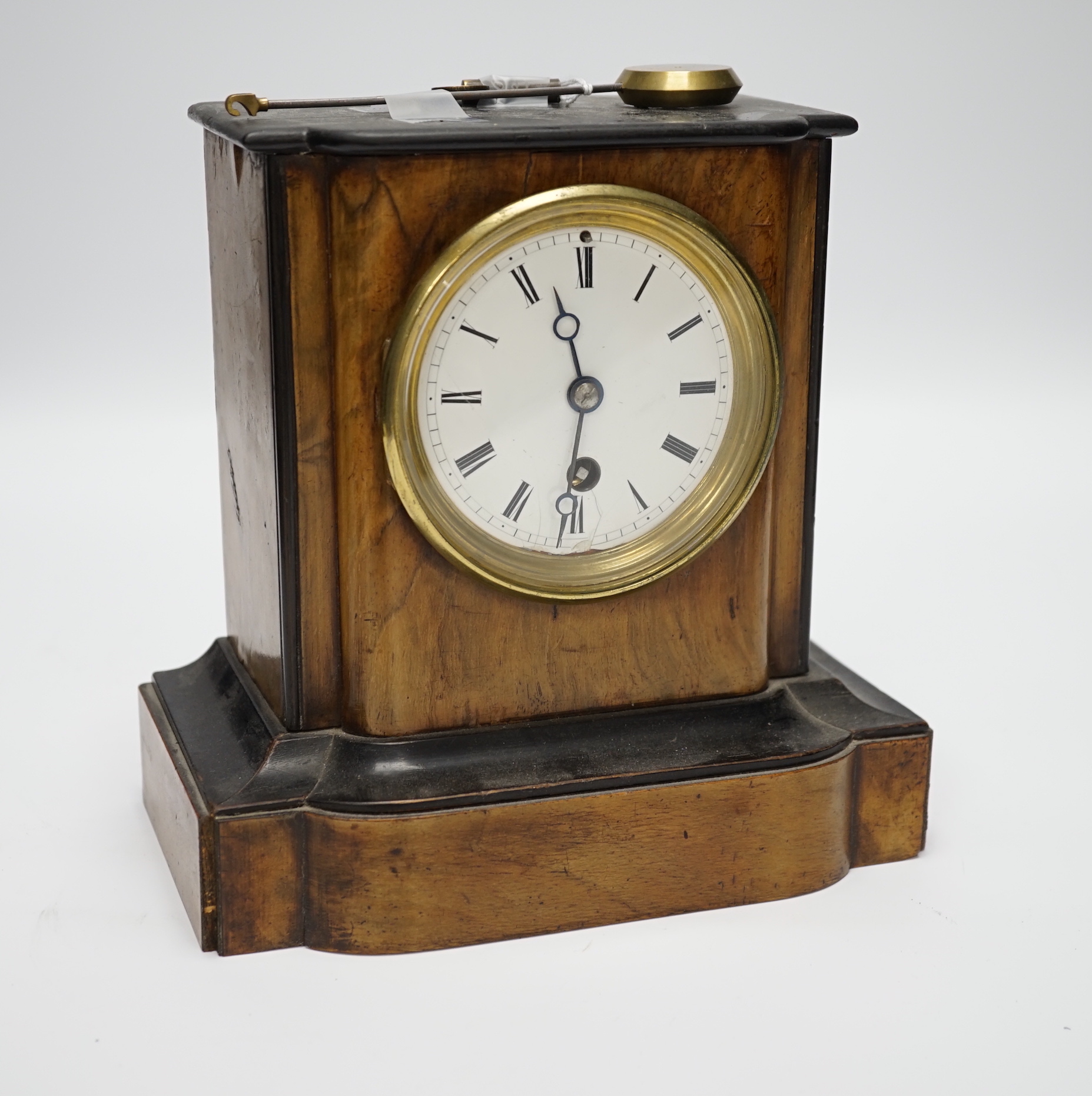 A 19th century walnut mantel timepiece, 20cm